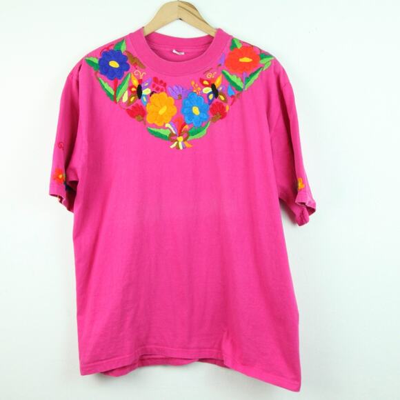 Vintage L XL T Shirt Embroidered Floral Hippy Boho Maximalist Cotton Beach Surf - Picture 1 of 7